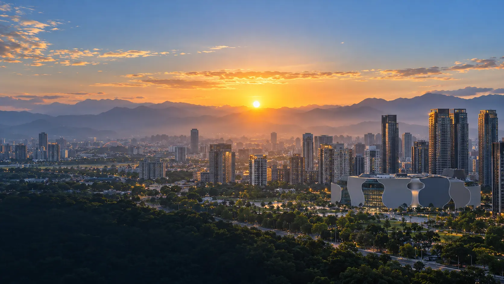 台中城市晨曦，太陽位於畫面中央並完整呈現城市天際線